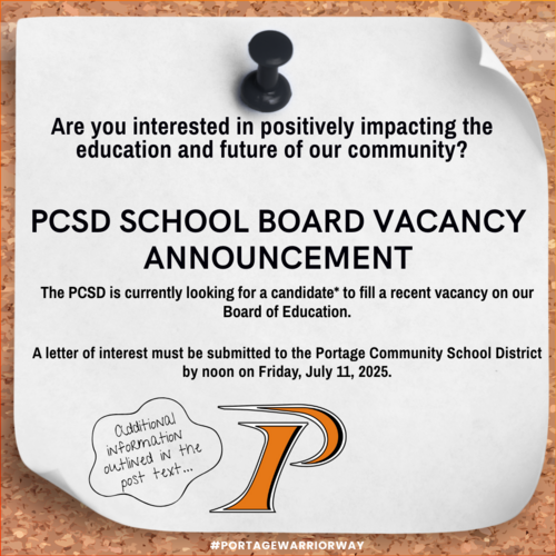 Graphic with information about the PCSD School Board Vacancy. Bulletin board background with curled paper and thumbtack graphic listing minimal information about vacancy requirements.