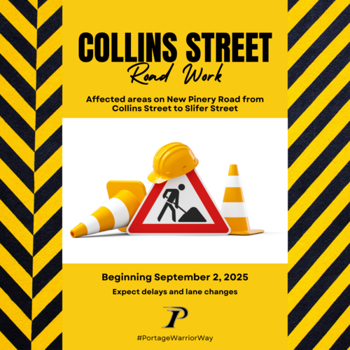 Yellow and black construction graphic for the Collins Street Road construction, delays and lane adjustments set to begin on Monday, September 2, 2025