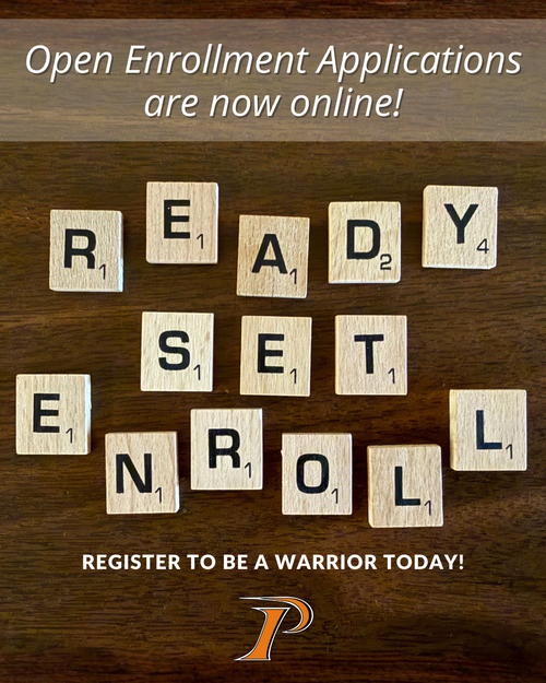 Graphic announcing PCSD Open Enrollment - includes the statement "Ready, Set, Enroll" spelled out with Scrabble Squares.