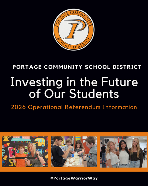 Black, orange and white graphic for the 2026 PCSD Operational Referendum - includes 3 color photos - 1 of a teacher and student, 1 of 4 students working together on a class project, and 1 of 3 students looking and smiling at the camera.